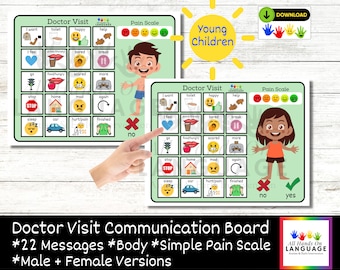 Doctor Visit Communication Board for Young Children, 22 Messages plus Body and Simple Pain Scale, Autism, Speech Delay, PDF Printable