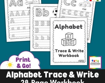 Alphabet Trace & Write Workbook: Uppercase and Lowercase, Black and White (PDF Printable)