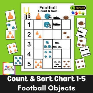 Numbers 1-5 Count & Sort Football Objects into a Chart, Interactive Activity, Autism, PreK-K, PDF Printable