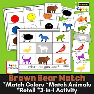 Può includere: Gioco educativo con carte di abbinamento di animali e colori. Include un orso bruno, una pecora nera, un cavallo blu, una rana verde e altro ancora. Il gioco si intitola "Brown Bear Match" ed è progettato per lo sviluppo del linguaggio.