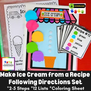 Baue eine Eiscreme aus einem Rezept! 2 bis 5 Schritt-Anleitung mit Bild und Text, 5 Eiskugeln mit Farbblatt, PDF zum Ausdrucken