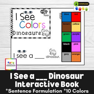 I See COLORS - 恐竜、インタラクティブブック + 文章作成アクティビティ、言語療法、幼稚園、自閉症向け PDF 印刷可能