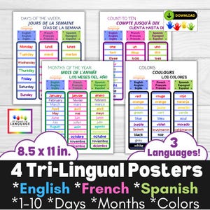 Set of 4 Trilingual Reference Posters: Days, Months, Numbers, + Colors, In English, French, and Spanish, ESOL Classroom, Printable PDFs