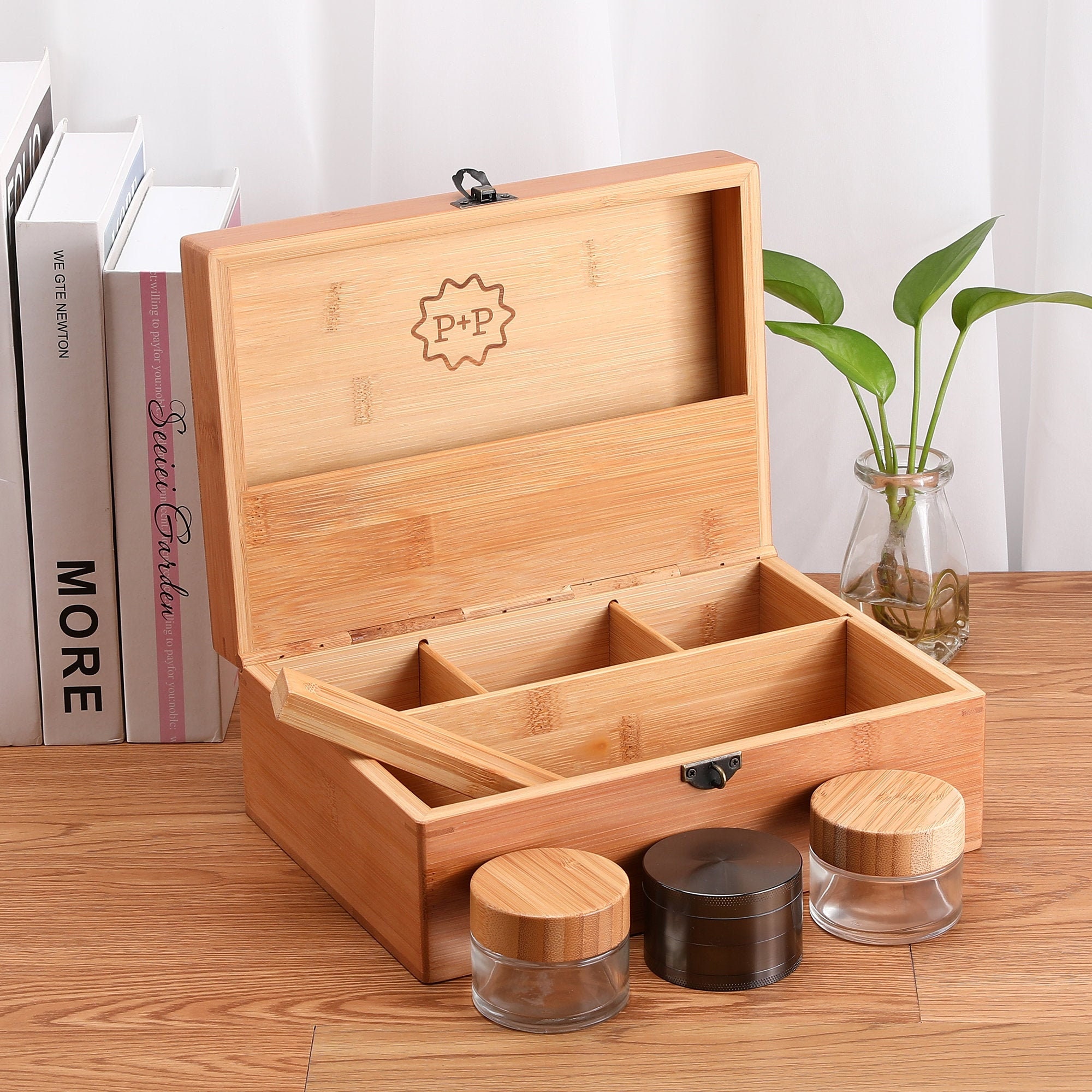 Stash Box with Accessories, Tray, 2 Airtight Jars, Bamboo Stash Box Combo  Kit, Premium Large Storage Box, Wooden Decorative Box Set, Removable