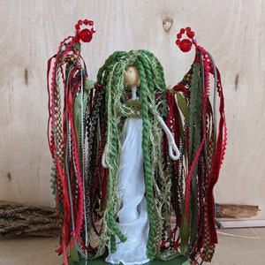Boho Christmas green and red ribbon angel / handmade  one of a kind  collectible  art doll