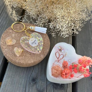 Candle box, personalized key ring and earrings, heart, flower, dried flowers, triptych, gift, mom, teacher, grandma
