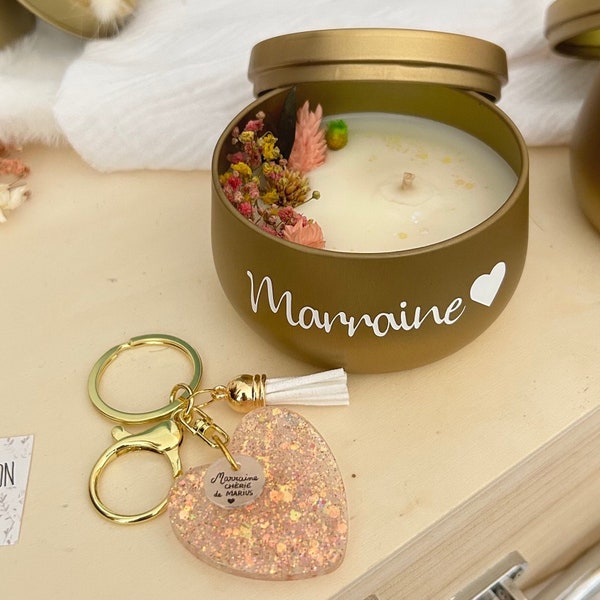 Candle box and personalized keyring of your choice, dried flowers, box, first name gift, mom, mistress, grandma, godmother, nanny etc.