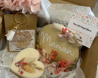 Dried flower magnet gift set, personalized keychain and scented wax melt with heart and dried flowers, gift box