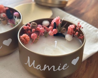 Bougie Mamie fleurs séchées, annonce tu vas être mamie, Super Mamie, cire soja, fleurs séchées, naturelle personnalisée avec mot ou prénom