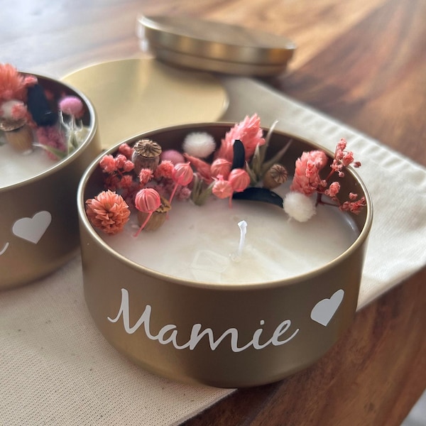 Bougie Mamie fleurs séchées, annonce tu vas être mamie, Super Mamie, cire soja, fleurs séchées, naturelle personnalisée avec mot ou prénom