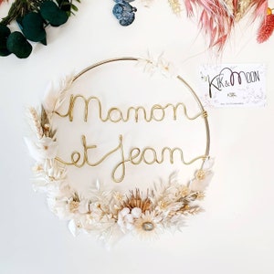 Gold metal floral crown dried flowers personalized with 1 word or first name in aluminum wire, unique wedding gift, birth gift