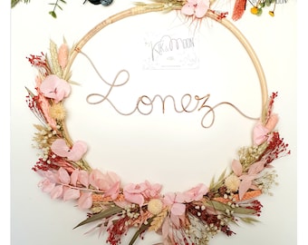 Couronne fleurs séchées naturelles rose cercle bois