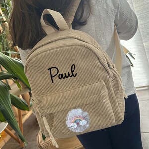 Sac à dos Velours Côtelé beige illustration relief, Maternelle, petit sac d'école, sac crèche, sac enfant, cartable