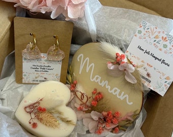 Coffret Fête des mères, magnet fleurs séchées, boucles d’oreilles créoles coeur pailleté, fondant parfumé coeur et fleurs séchées, cadeau