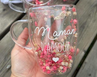 Mug fleurs séchées, tasse en verre double paroie avec fleurs, personnalisée texte au choix, prénom, pour Maman, Maîtresse, Nounou, atsem etc