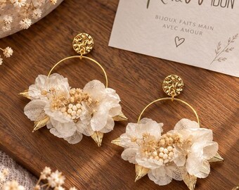 Crème en witte oorbellen van gedroogde en geconserveerde bloemen / Oorbellen met pampasgras voor bruiloften / Accessoires voor bruiden en bruidsmeisjes