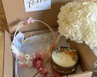 Box Coffret cadeau, Bougie/bijou et couronne de fleurs séchées, fait-mains, pour femme, box