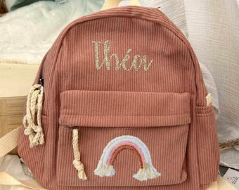 Sac à dos Velours Côtelé Vieux Rose, Sac à dos Maternelle, cartable, collection arc en ciel macramé, Rainbow