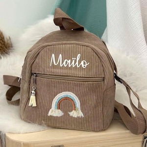 Sac à dos Velours Côtelé Gris taupe, petit sac crèche, petit sac enfant, cartable, collection arc en ciel macramé, Rainbow