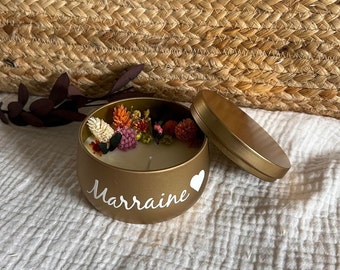 Bougie Marraine, Parrain, demande Marraine ou Parrain, cire soja Vegan, fleurs séchées, naturelle personnalisée avec mot ou prénom