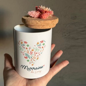 Ceramic Pot Candle (without handle) Godmother, Godfather, Godmother or Godfather request, soy wax, dried flowers, personalized with word or first name