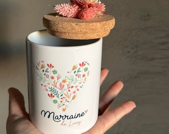 Bougie Pot Céramique (sans anse) Marraine, Parrain, demande Marraine ou Parrain, cire soja, fleurs séchées, personnalisée avec mot ou prénom