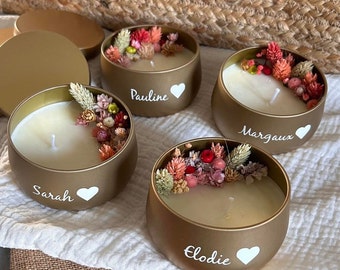 Personalized floral candle, soy wax, dried flowers, natural, personalized with a word or name