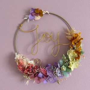 Gold metal floral crown dried flowers Rainbow personalized with a first name and a heart