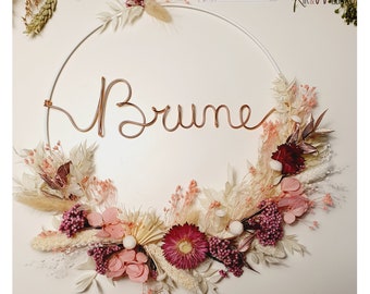 Couronne fleurs séchées, cercle fleuri, prénom, cadeau maman, cadeau mamie, mot filaire, personnalisé, fête des mères, décoration prénom
