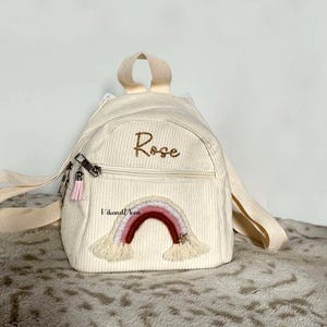 Sac à dos Velours Côtelé, petit sac crèche, petit sac enfant, couleur Ivoire, Rose, Taupe cartable, collection arc en ciel macramé, Rainbow