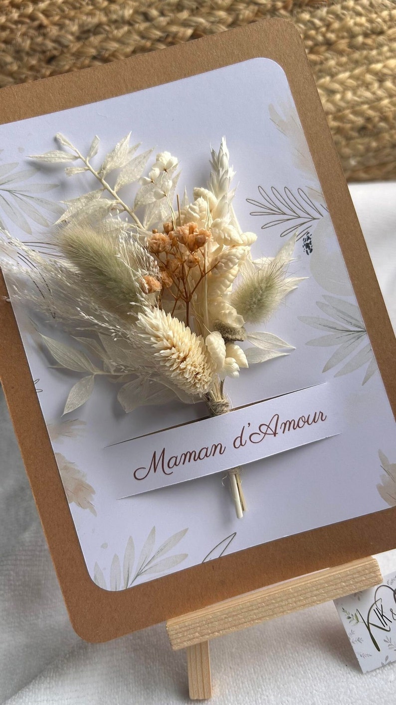 Carte Bouquet fleurs séchées et chevalet, cadeau carte personnalisée, carte maman, maîtresse, nounou, mamie, cadeau unique, carte naissance image 6