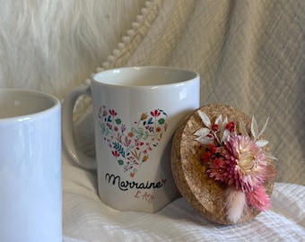 Bougie Mug Pot Céramique (avec Anse) Marraine, Parrain, demande Marraine ou Parrain, cire soja, fleurs séchées, personnalisée avec prénom