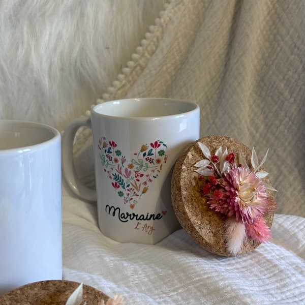 Bougie Mug Pot Céramique (avec Anse) Marraine, Parrain, demande Marraine ou Parrain, cire soja, fleurs séchées, personnalisée avec prénom