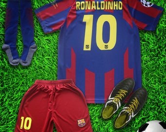 Barcelona 2005 Ronaldinho Home Limited Special Edition Kids Soccer Jersey Kit Shorts Socks for Boys Girls Youth Sizes