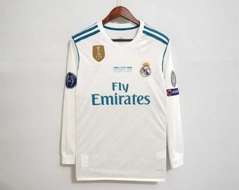 Real Madrid Ronaldo Champions League Final Home Jersey 2017 - 2018 Long Sleeve/ Soccer Football Classic Jersey Retro