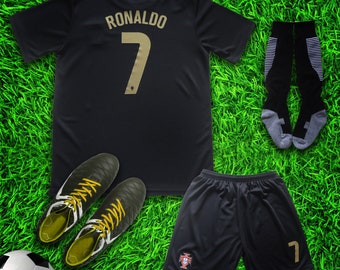 Portugal 2018 Ronaldo Limited Black Edition Kids Soccer Uniform Jersey Shors Socks for Boys Girls Youth Sizes