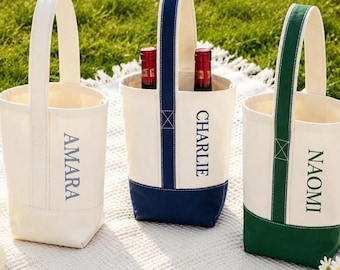 Personalized Canvas Wine Tote Bag, Custom Bridesmaid Gift, Embroidered Bottle Wine Carrier, Bachelorette Party Favors, Monogrammed Wine Bag