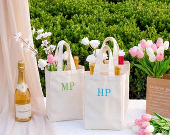 Personalized Wine Tote Bag, Custom Monogram Canvas Wine Bag, Housewarming Gift for Couple, Engagement Wine Carrier, Single Double Bottle