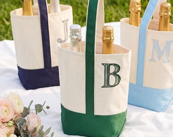 Personalized Monogram Wine Tote Bag | Embroidered Canvas Wine Bag, Wedding Wine Carrier, Bridesmaid Gift, Hostess Gift SJ08