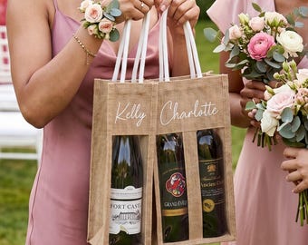 Personalized Jute Wine Tote Bag, Custom Name Burlap Bottle Holder, Eco FriendlyPicnic Wine Caddy, Hostess Gift  SJ2606
