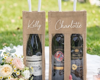Personalized Burlap Wine Bag with Window, Custom Name Jute Wine Tote, BridesmaidGift, Outdoor Wedding Decor, Engagement Party Gift SJ2606