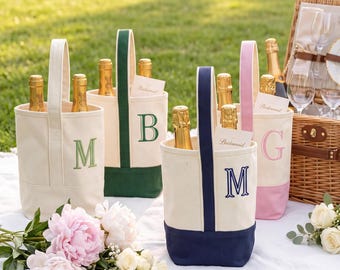 Personalized Monogram Wine Tote Bag, Embroidered Bridesmaid Gift, Custom Champagne Carrier, Wedding Party Favor, Bachelorette Wine Bag
