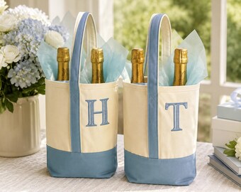 Personalisierte Weintasche mit Monogramm, bestickte Weintasche aus Canvas, personalisierte Weintasche mit Initialen, Hochzeitsgeschenk, Geschenk für Brautjungfern SJ09