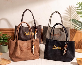Personalized Suede Tote Bag with Custom Name | Embroidered Shoulder Bag for Women | Vintage Boho Work Purse | Bridesmaid Gift for Her  SJ08