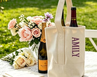 Custom Name Wine Bag - Personalized Bridesmaid Gift - Wedding Keepsake Canvas Wine Tote - Engagement Party Gift for Couple - Embroidered Bag