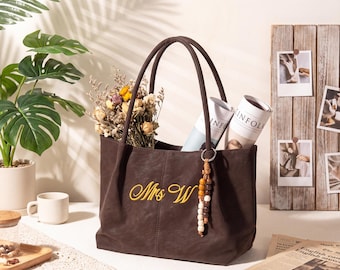 Customized Faux Suede Tote | Monogram Name Embroidery Tote Bag, Large Capacity Everyday Bag, Bridal Party Gift