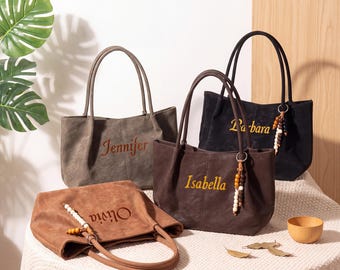 Personalized Faux Suede Tote Bag, Custom Embroidered Name Shoulder Bag,Bridesmaid Gift, Birthday Gift for Her, Work Everyday Purse SJ08