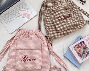 Quilted Gingham Wedding Gift Backpack for Adults,  Personalized Bridal  Bag for Maid of Honor, Custom Name  Bag,Gift for WomenW