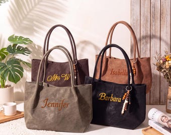 Personalized Faux Suede Tote Bag, Custom Embroidered Name Shoulder Tote with Boho Wood Bead Charm, Bridesmaid Gift for Her