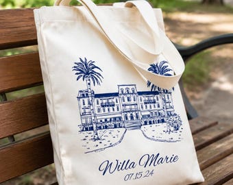 Custom Canvas Tote Bag, Personalized Venue Sketch, Wedding Couple Gift,  Painting from Photo, Personalized canvas bag